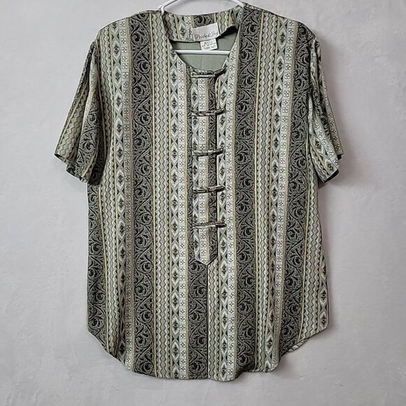 Vtg Pride & Joy Womens Size 12P Green Swirl Geometric Design Cross Over Buttons - Picture 2 of 16